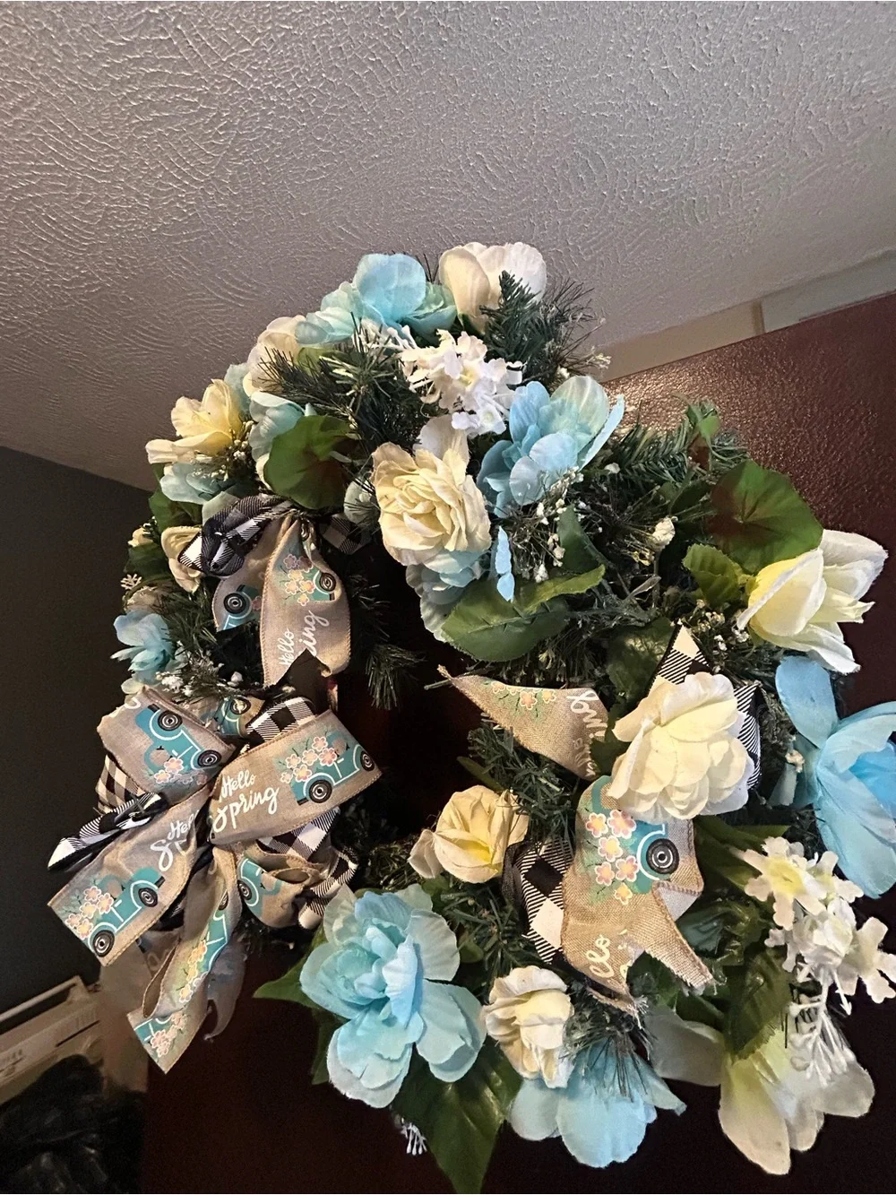 Spring Floral Wreath with Blue and Cream Roses